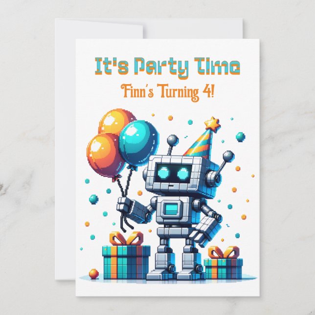 Invitation Pixel Art Robot Boy's Birthday Party (Devant)