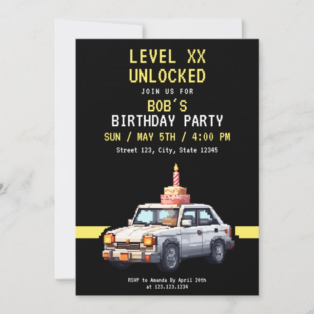 Invitation Pixel Black & Jaune Race Jeu Anniversaire (Devant)