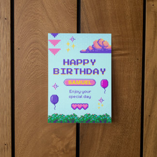 Invitation Pixel bleu violet rétro Anniversaire B Jour