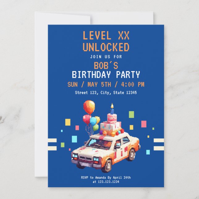 Invitation Pixel Blue & Orange Jeu de Voiture Anniversaire (Devant)