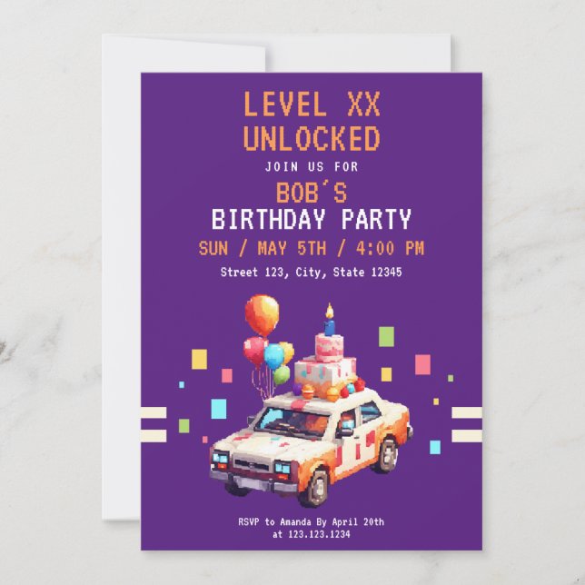 Invitation Pixel Purple & Orange Jeu de Voiture Anniversaire (Devant)