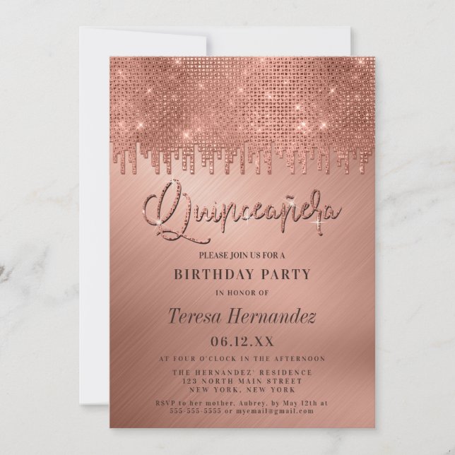 Invitation Pixels Quinceañera Parties scintillant or Rose de  (Devant)