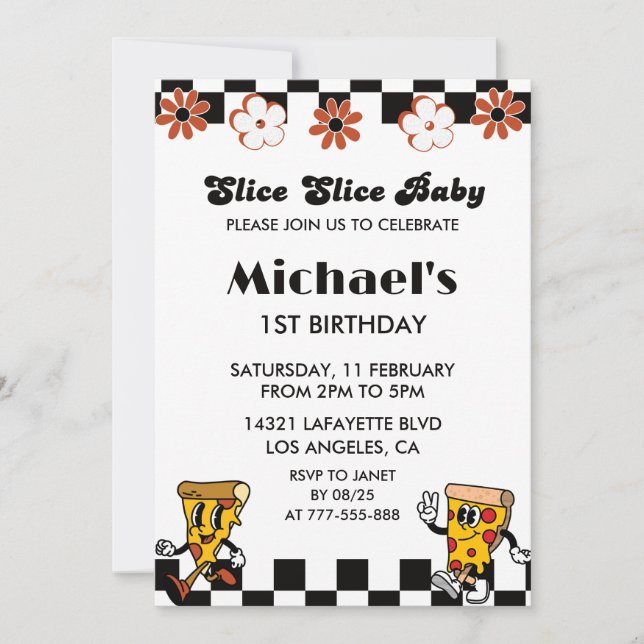 Invitation Pizza 1er Anniversaire Invitations| Slice slice ba (Devant)