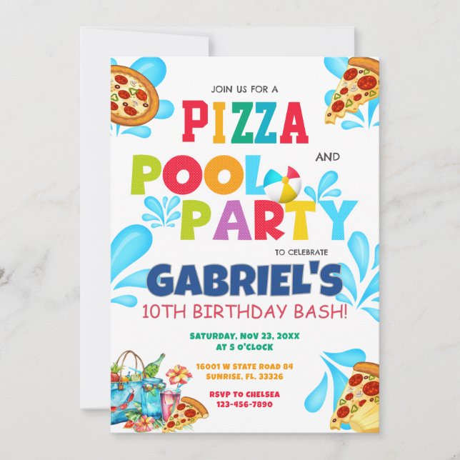 Invitation Pizza and Pool Party Piscine Anniversaire Invitati (Devant)