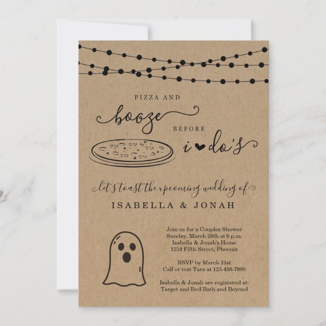 Invitation Pizza & Booze avant le Wedding shower de Dos Coupl (Devant)