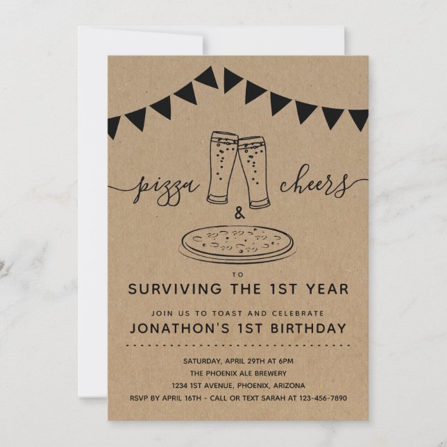 Invitation Pizza & Cheers & Bières Anniversaire 1er Anniversa (Devant)