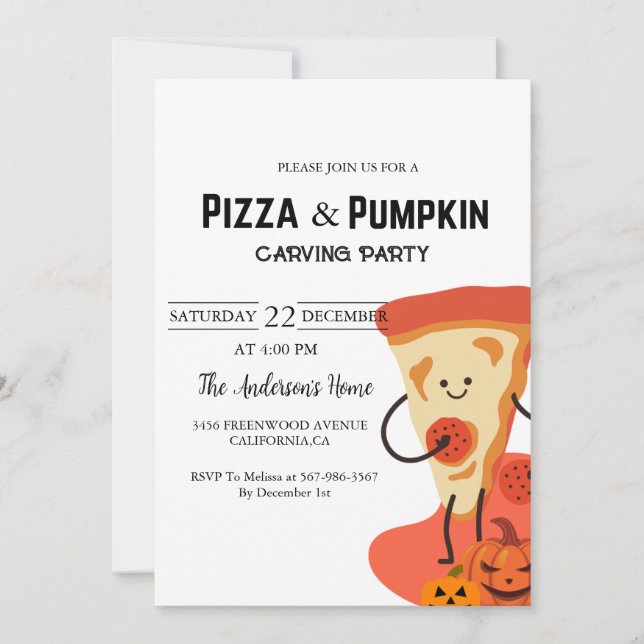 Invitation Pizza & Citrouille Halloween fête de sculpture (Devant)