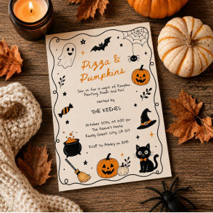 Invitation Pizza & Citrouilles Peinture Halloween Dessinée à