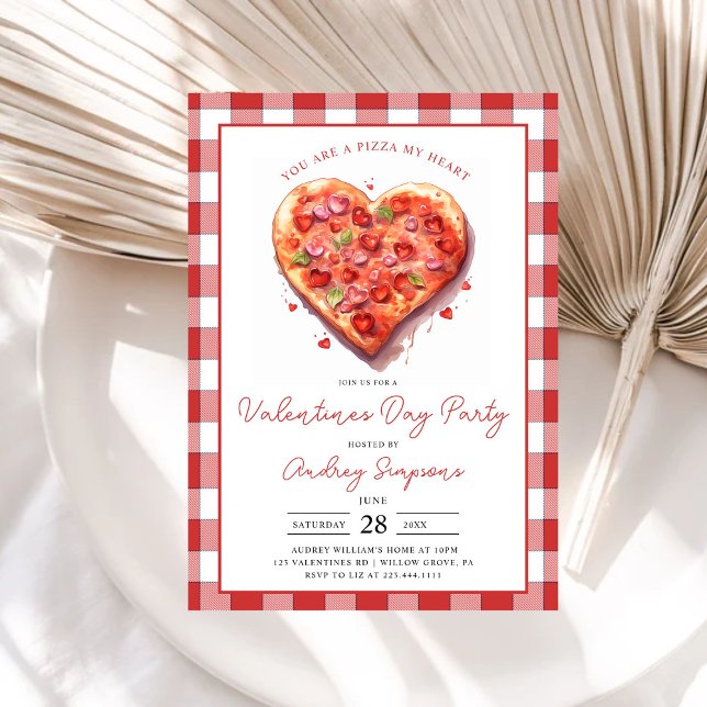Invitation Pizza Coeur rose moderne Plaid Valentines Party (Créateur téléchargé)