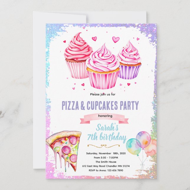Invitation Pizza cupcake girl theme invite (Devant)