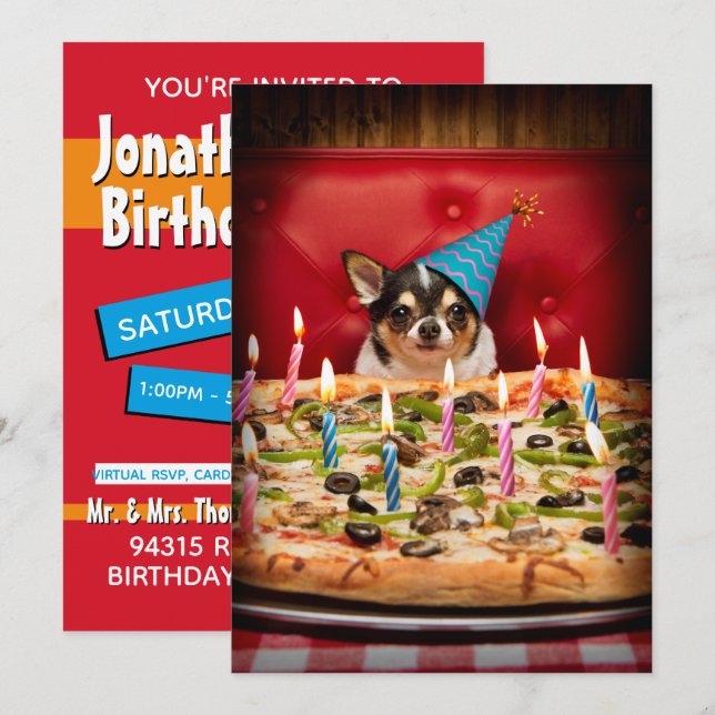 Invitation Pizza d'anniversaire Chihuahua (Devant / Derrière)