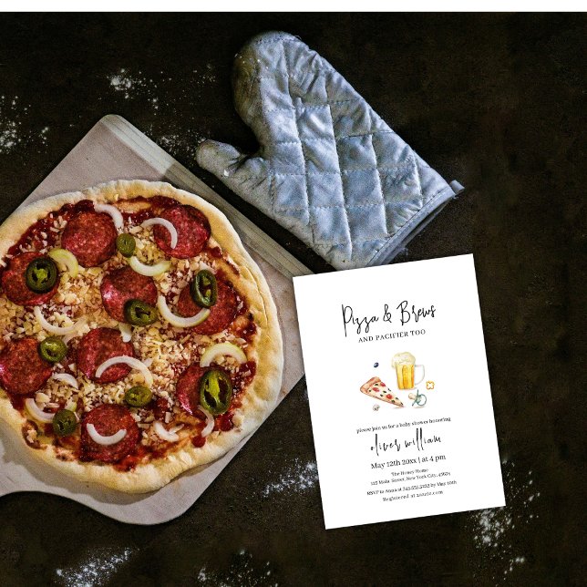 Invitation Pizza en tranches rustiques & Bières & Baby shower (Rustic Slice Pizza & Beers & Pacifier Baby Shower Invitation)