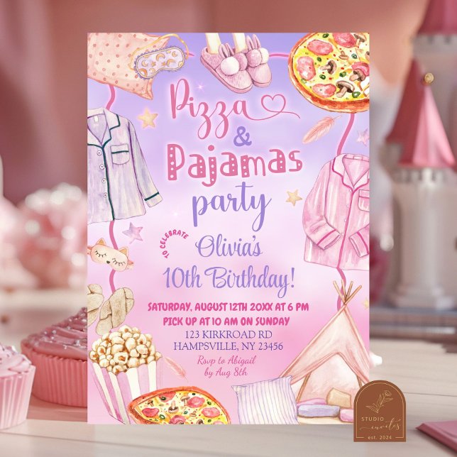 Invitation Pizza et pyjama de néon rose et violet (Créateur téléchargé)