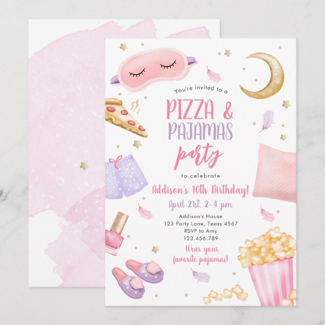 Invitation Pizza et pyjamas couchette fête du bois d'oeuvre (Devant / Derrière)