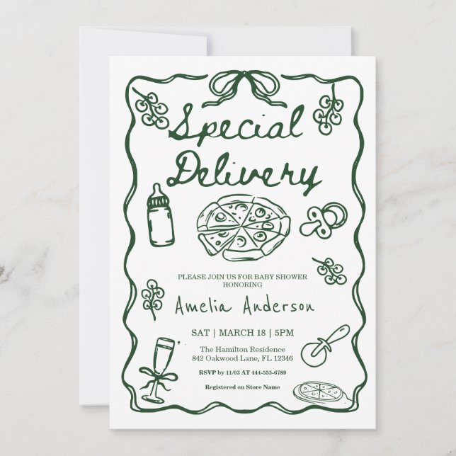 Invitation Pizza Hand Drawn Special Delivery Baby Shower (Devant)