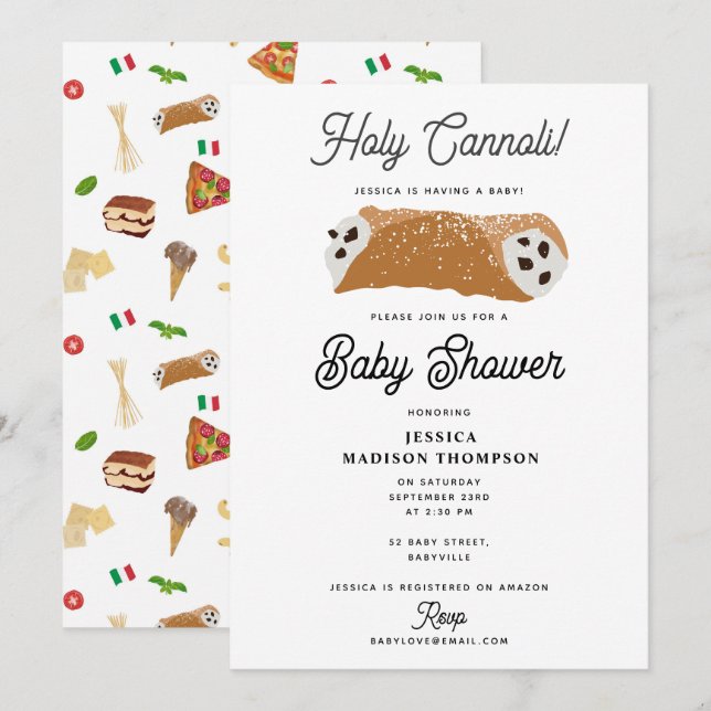 Invitation Pizza italienne Pâtes Saint-Cannoli Baby shower (Devant / Derrière)