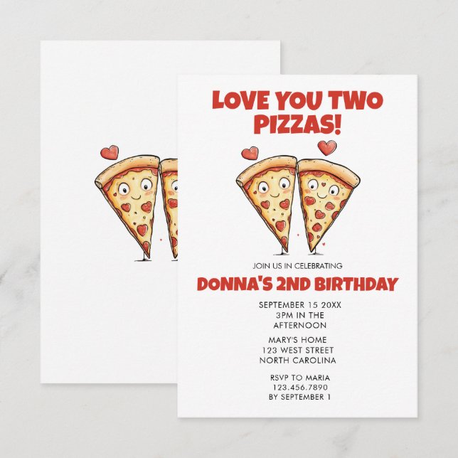 Invitation Pizza Party Anniversaire, Love You Two Pizzas (Devant / Derrière)