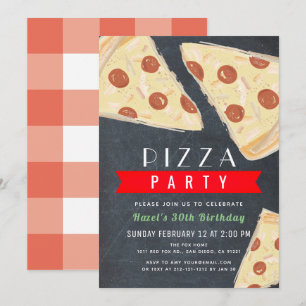 Invitation Pizza Party Chalkboard Rouge En vichy Adulte Anniv