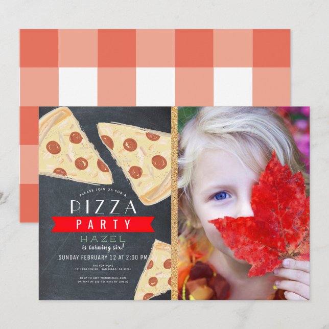 Invitation Pizza Party Chalkboard rouge En vichy photo Annive (Devant / Derrière)