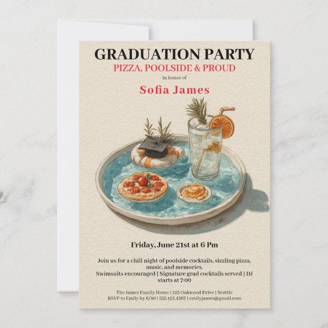 Invitation Pizza, Poolside, Pool Party | graduation party (Devant)