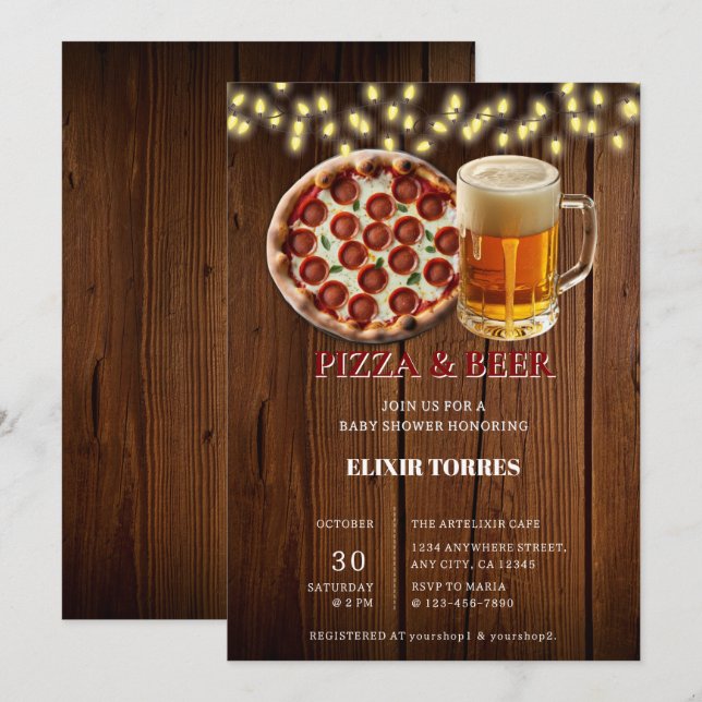Invitation Pizza rustique & Baby shower de bière (Devant / Derrière)