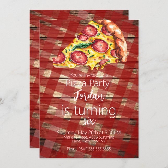 Invitation Pizzas d'aquarelle Slices fête d'anniversaire Scri (Devant / Derrière)