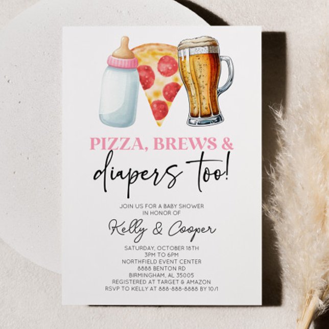 Invitation Pizzas roses brasses et diapers aussi! Baby shower (Créateur téléchargé)