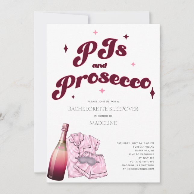 Invitation PJ et Prosecco Pajamas Bachelorette Party (Devant)