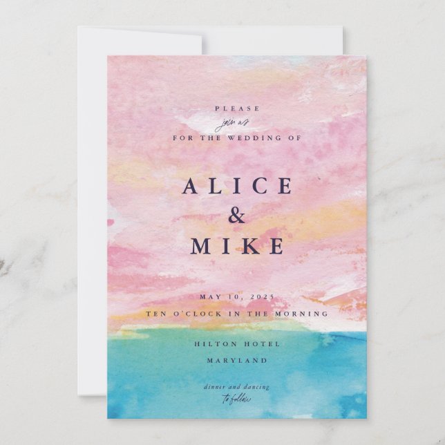 Invitation Plage Abstraite Pink & Blue Aquarelle Arrière - pl (Devant)