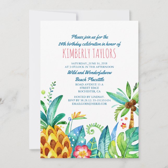Invitation Plage Anniversaire Fête Tropical Ananas Palms (Devant)
