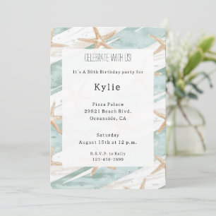 Invitation Plage Aqua Mint Starfish Stripes Anniversaire