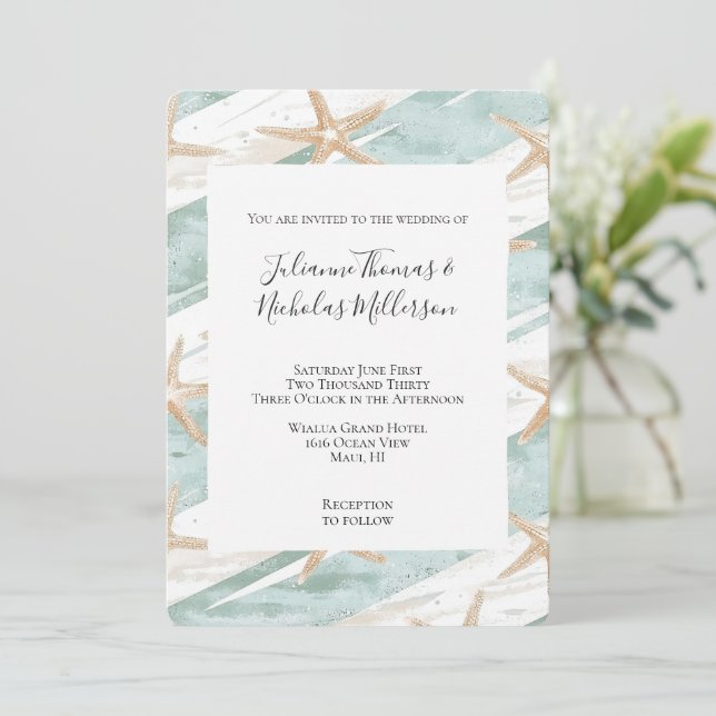 Invitation Plage Aqua Mint Starfish Stripes Mariage (Debout devant)