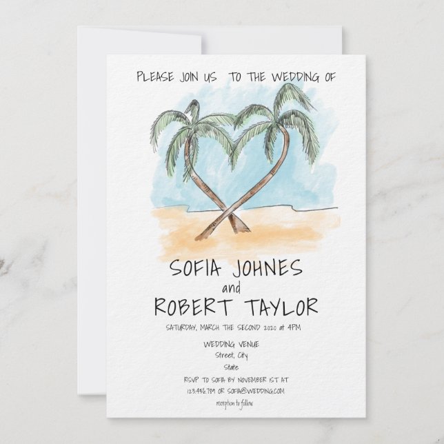Invitation Plage aquarelle à thème Calligraphie Palm Tropic (Devant)