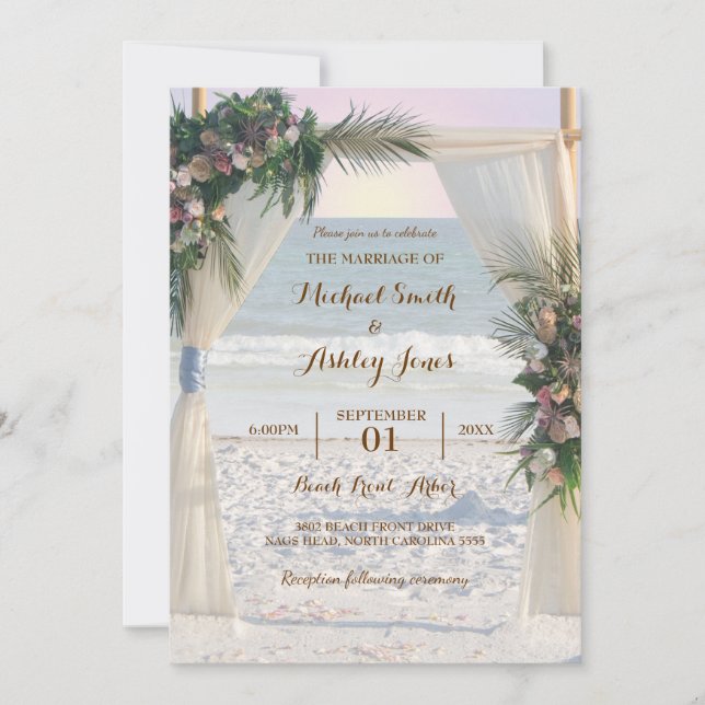 Invitation Plage Arbor Rose Tropical Feuilles coucher de sole (Devant)