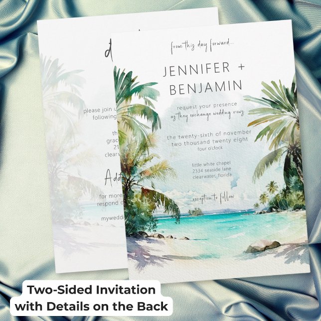 Invitation Plage aux Palmiers Tropicaux Mariage Moderne Recto (Tropical Palm Trees Beach Modern Wedding Two Sided Invitation)
