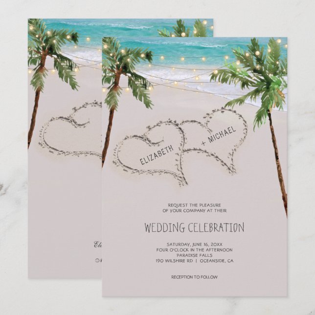 Invitation Plage Coeur de sable Palm Tropical | Mariage moder (Devant / Derrière)