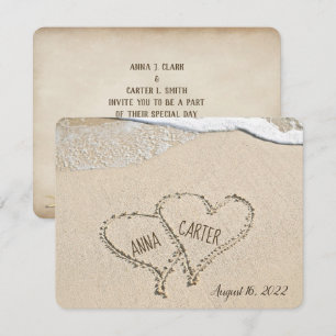 Invitation Plage Coeurs dans le sable avec surf
