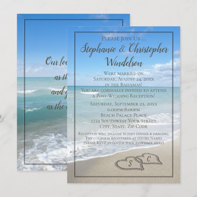 Invitation Plage Coeurs Destination Réception Après Mariage (Devant / Derrière)
