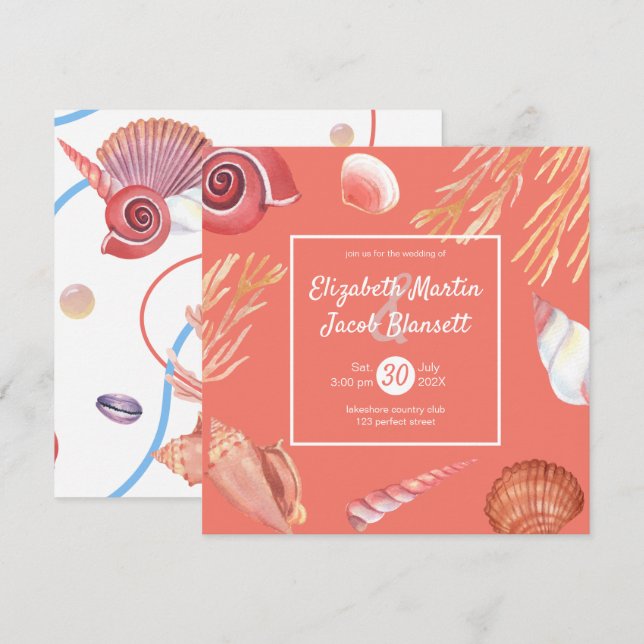 Invitation Plage Coral & Seashells Tout en un Mariage (Devant / Derrière)