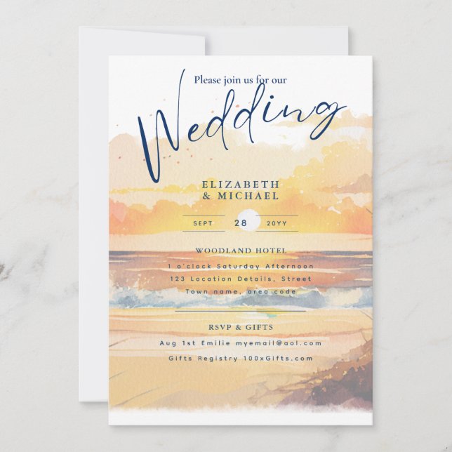Invitation Plage Côte Destination Sunset Mariage tropical (Devant)