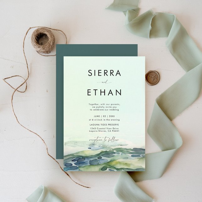 Invitation Plage côtière Piscine de Marée Vert Vert Mariage m (coastal wedding invitation rocky beach tide pool sea sage green ecru elegant romantic bright)