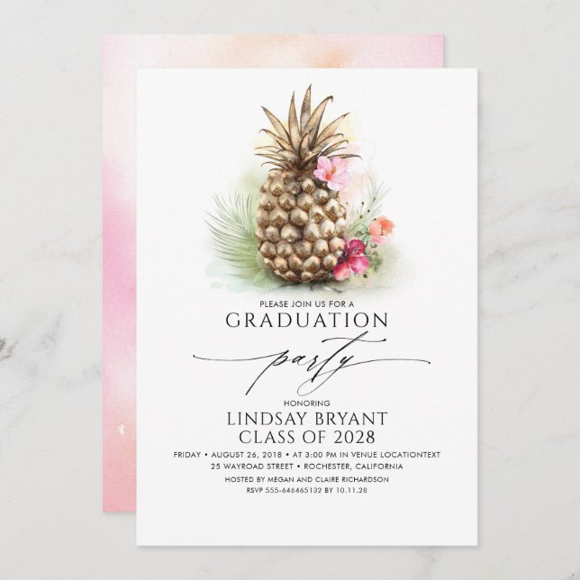 Invitation Plage d'ananas Tropical Gold Floral Graduation (Devant / Derrière)
