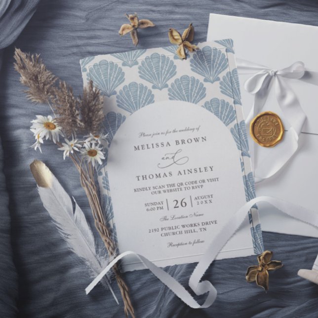 Invitation Plage de Coquillages Mariage Élégant Moderne Code  (Créateur téléchargé)