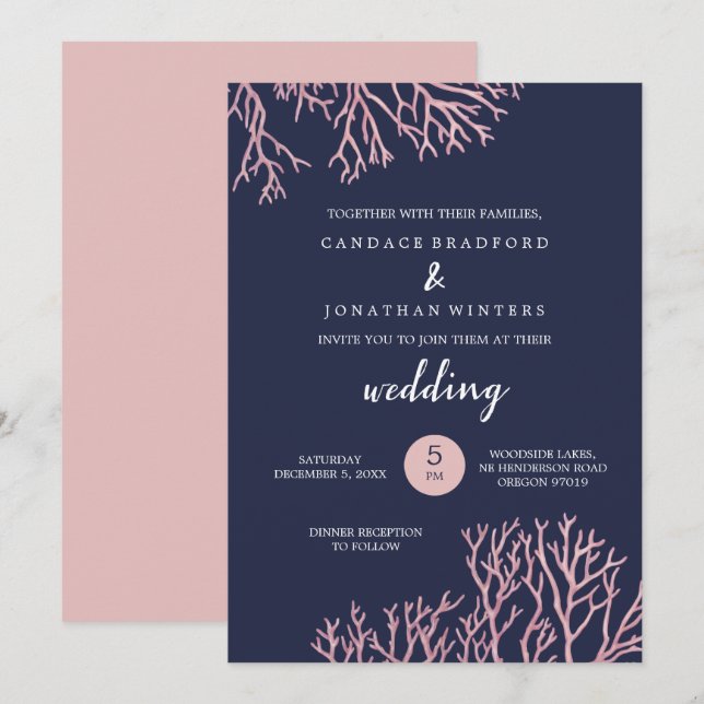 Invitation Plage de Coraux Roses Bleus Peint Mariage tropical (Devant / Derrière)