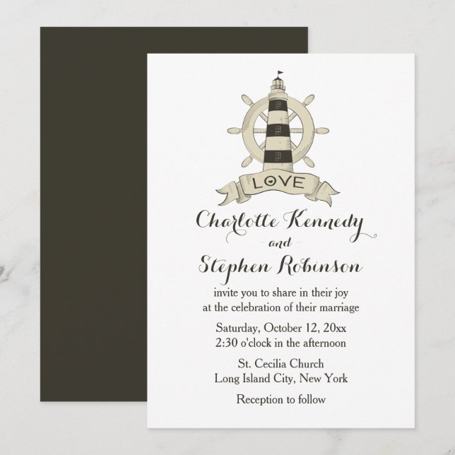 Invitation Plage de Mariage de  de roue Brown Nautical Lighth (Devant / Derrière)