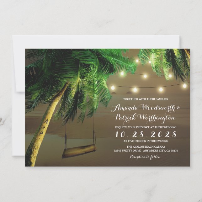 Invitation Plage de Palm Tree sculpté Lumières Mariage Invita (Devant)