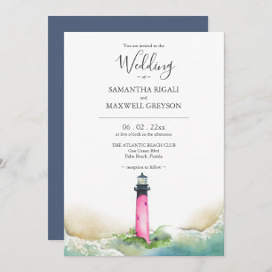 Invitation Plage de phare rose et bleu Destination Mariage