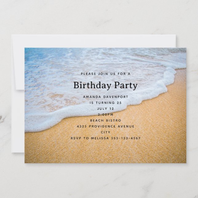 Invitation Plage de sable avec Surf en mousse Anniversaire (Devant)