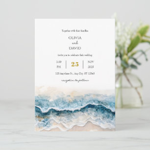 Invitation Plage de sable doux Blue Waves Aquarelle Mariage d