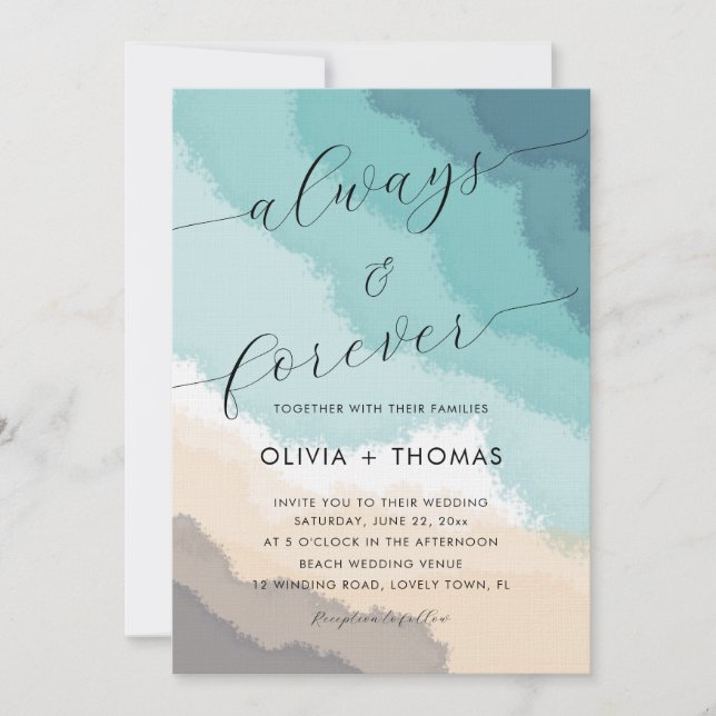 Invitation Plage de sable moderne Vagues toujours Mariage (Devant)